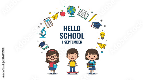 Group of diverse school children standing below a circular frame of various educational and learning supply items.