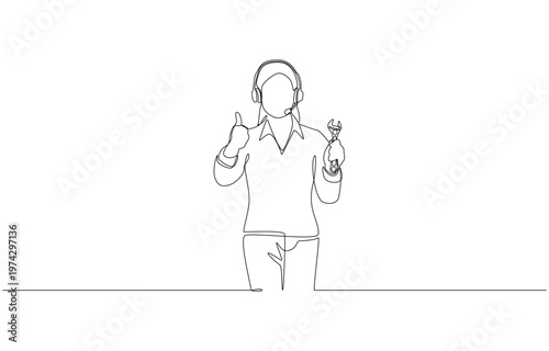 Continuous one line of female call center staff holding wrench and giving thumbs up, customer service with excellent problem-solving strength concept, single line art