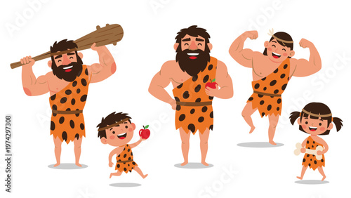 Prehistoric caveman family characters including men, women, and children wearing traditional animal skin clothing items.