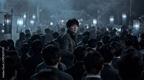 Cinematic shot of an anxious Asian man looking back over his shoulder standing alone in a massive dense dark crowd of anonymous people at night.