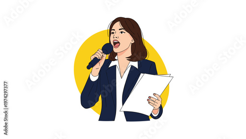 Professional woman in a business suit speaking passionately into a microphone while holding a paper document notes.