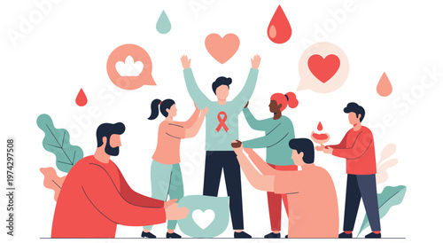 Healthcare workers and volunteers support man with red ribbon for aids awareness. blood drops and hearts represent donation and care. a diverse group shows solidarity and health initiatives.