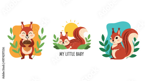 Adorable squirrels in different poses including holding an acorn, sleeping under the sun, and standing by green plants.