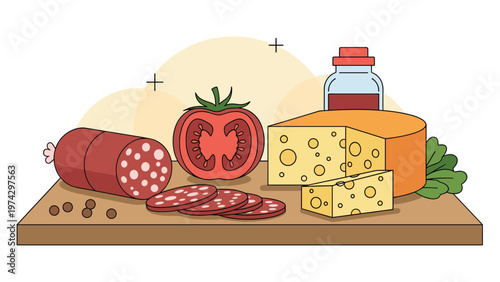 Gourmet food arrangement featuring sliced salami, a wedge of swiss cheese, and a fresh tomato on a wooden cutting board.
