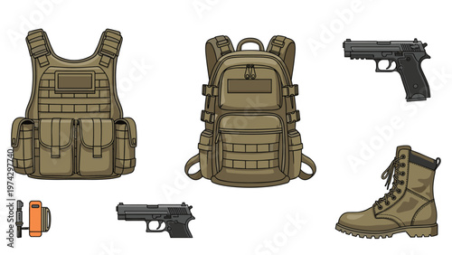 Detailed collection of tactical gear including a bulletproof vest, backpack, pistols, and a rugged combat boot gear.