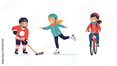 Group of kids participating in various physical activities including hockey, figure skating, and riding a bicycle outdoors.