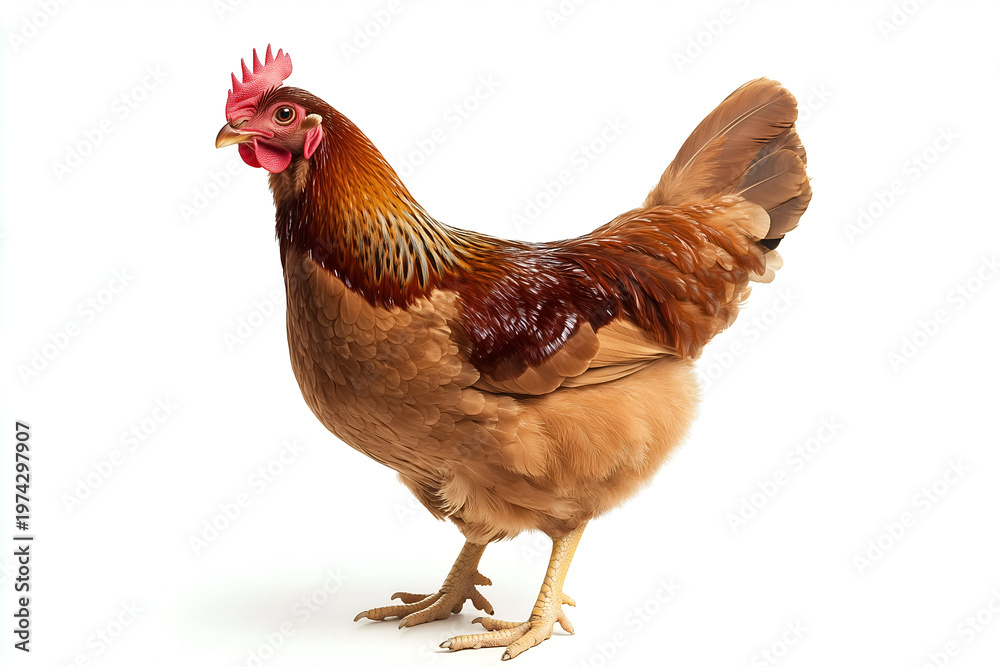 Fototapeta premium Brown domestic hen chicken standing side profile isolated on white background