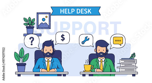 Help Desk Support Agents with Headsets and Speech Bubbles