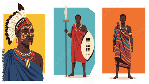 Group of African men wearing traditional tribal clothing with intricate patterns and accessories including headgear and a spear with a shield.