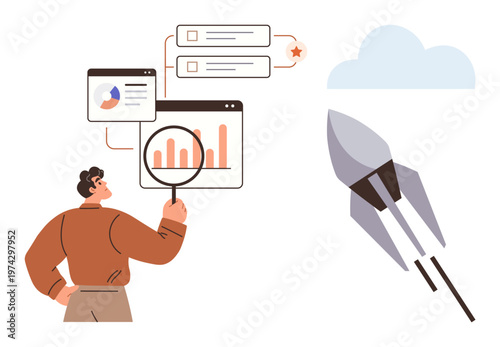 Business strategy, innovation, data analysis, project management, growth, success. Man analyzing charts with magnifying glass, rocket launching upward. Business strategy and innovation concept
