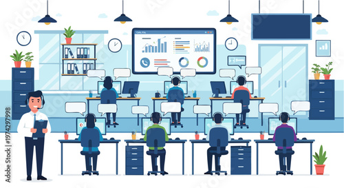People Working in a Busy Call Center Office with Flat Design