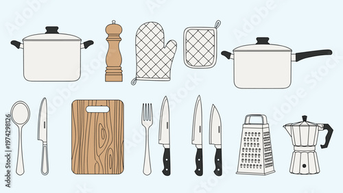 Comprehensive set of kitchenware and cooking tools including pots, sharp knives, a wooden cutting board, and a classic moka coffee maker.