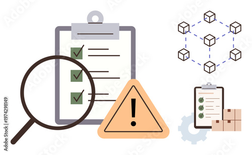 Logistics, quality control, supply chain, risk assessment, seamless operations, data tracking. Clipboards, checklist magnifying glass warning sign blockchain graphic. Quality control and logistics