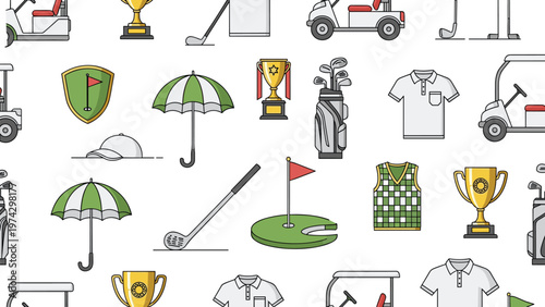 Seamless golf pattern containing sports icons like carts, clubs, trophies, polo shirts, umbrellas, and putting greens on a white field.