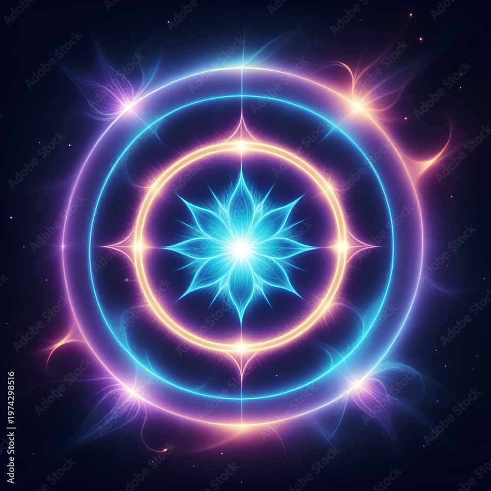 Fototapeta premium Symmetrical Glowing Lotus Mandala Star within Concentric Rings of Light for Meditation Zen or Holy Magic Spell Icons and Peaceful Fantasy RPG Character Progression
