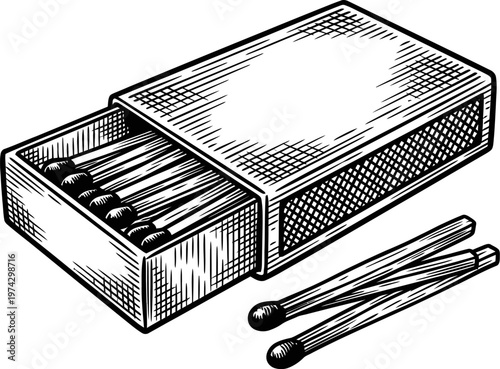 A black and white illustration of an open matchbox filled with red-tipped matches, with two extra matches lying beside it. The style is reminiscent of vintage engravings.