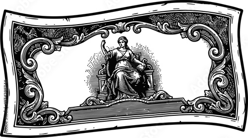 Ornate vintage banknote illustration with neoclassical figure in central cartouche, decorative border, economic, finance