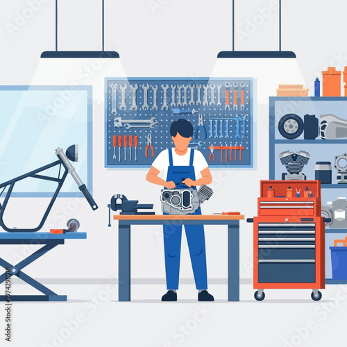 Mechanic working on motorcycle engine in workshop, tools and parts organized