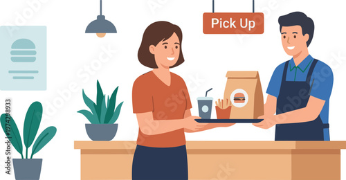 A woman picks up food from a man behind a counter inside a restaurant.