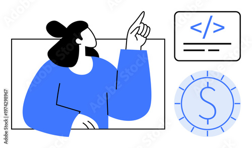 Technology, software development, finance, innovation, coding, programming. Woman pointing to a coding symbol with a dollar icon. Technology and software development concepts