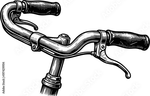 Detailed line art illustration of vintage bicycle handlebars, complete with a brake lever and textured grips. Classic transport element.