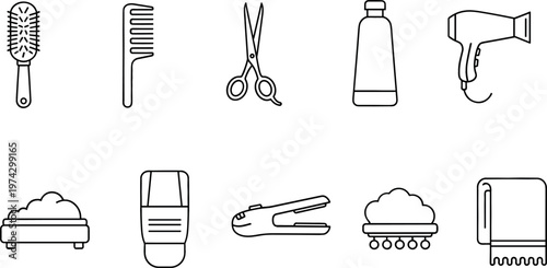 Hair Care and Grooming Tools Outline Icons Vector Set Featuring Brush Comb Scissors Dryer Shampoo Straightener and Towels