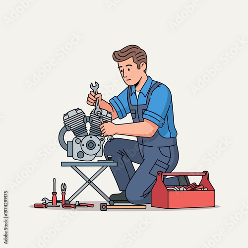 Mechanic repairing motorcycle engine with tools, close-up