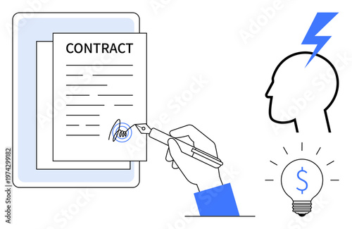 Business agreements, digital contracts, innovation, entrepreneurship, problem-solving, conceptual thinking. A hand signs a contract on a tablet with icons of a head and bulb. Business agreements