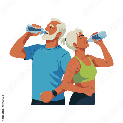 Elderly Man and Woman Hydrating with Water Bottles, Fitness and Wellbeing Vector Concept