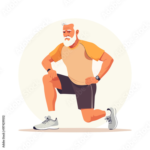 Elderly Man Doing Outdoor Lunge Exercise for Joint Mobility, Flat Vector Graphic