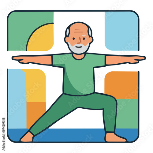 Elderly Man Doing Yoga Tree Pose, Balance and Flexibility Training Vector Graphic