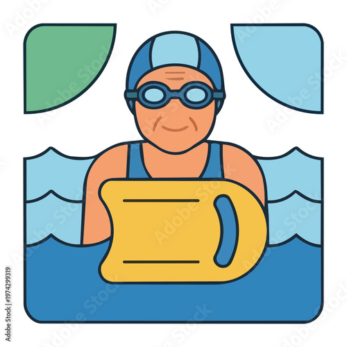 Elderly Man Swimming with Kickboard, Aquatic Therapy and Low Impact Exercise Vector