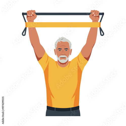 Elderly Man Using Resistance Band for Shoulder Mobility, Fitness Illustration
