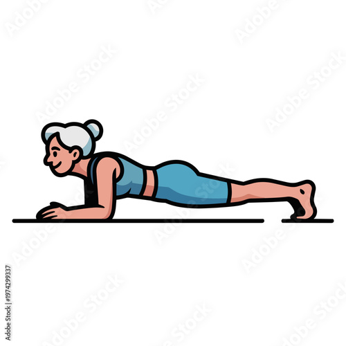 Elderly Woman Doing Core Plank Exercise on Yoga Mat, Strength Training Vector Graphic