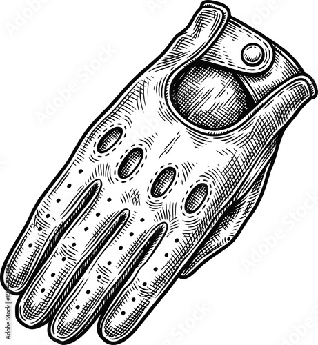 Vintage driving glove with perforated fingers and knuckle cutouts, detailed line art illustration on a white background