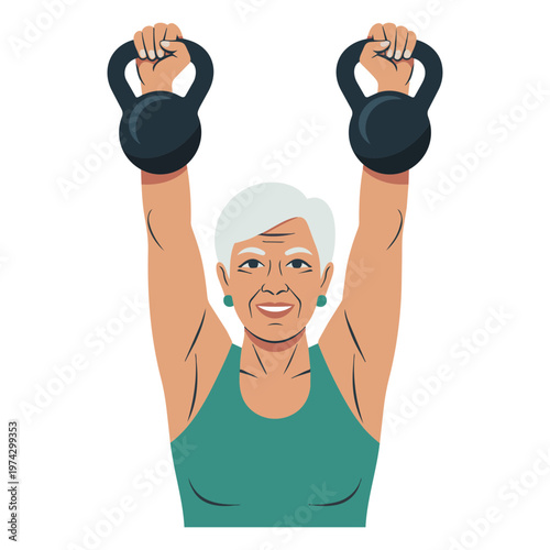 Elderly Woman Performing Overhead Kettlebell Press, Functional Fitness Vector Graphic