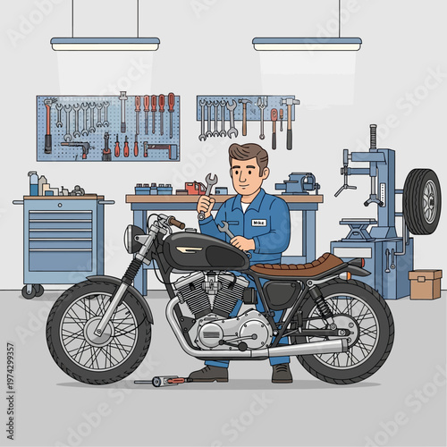 Mechanic repairs motorcycle in workshop, tools and equipment in background