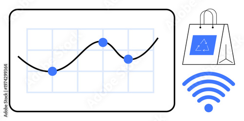 Data analysis, e-commerce, wireless technology, business trends, sustainability, consumer behavior. Line graph with data points, shopping bag with recycle icon wireless icon. Data analysis