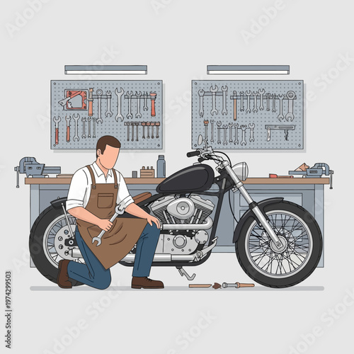 Mechanic working on a custom motorcycle in a workshop