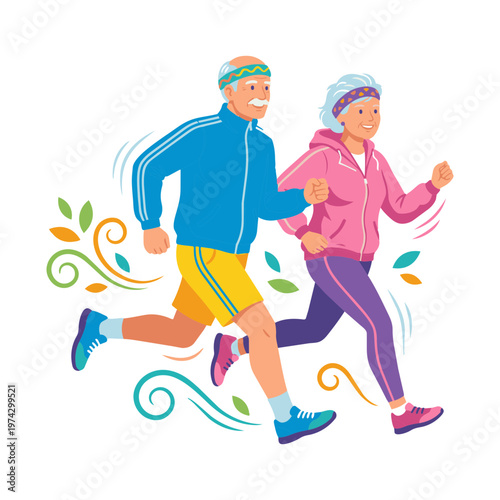 Happy Elderly Couple Running Together, Dynamic Flat Vector Illustration for Vitality