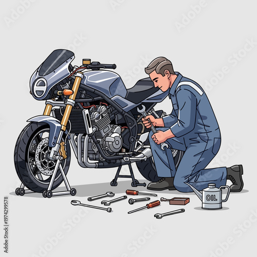 Mechanic working on a motorcycle, repair, maintenance, tools, workshop