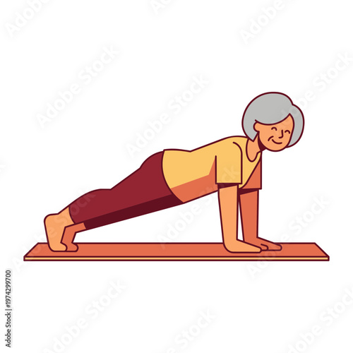 Senior Woman Performing Push-Up Exercise, Upper Body Strength for Healthy Aging Vector