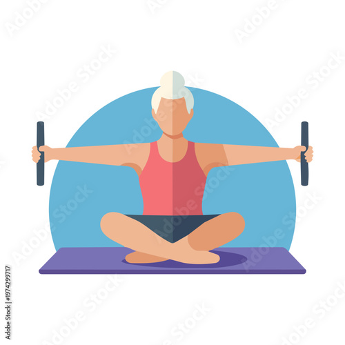 Senior Woman Stretching on Yoga Mat, Flexibility and Wellness Flat Vector Illustration
