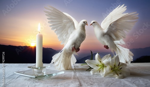 Two white doves with spread wings and a candle with lily flowers at sunset