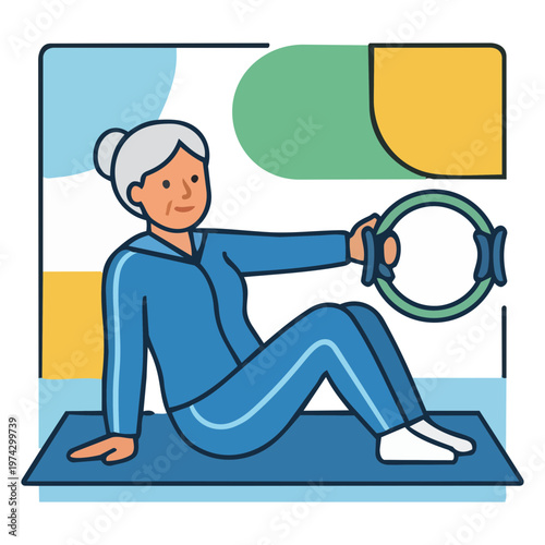Senior Woman Using Pilates Ring, Core Strength and Rehabilitation Vector Illustration