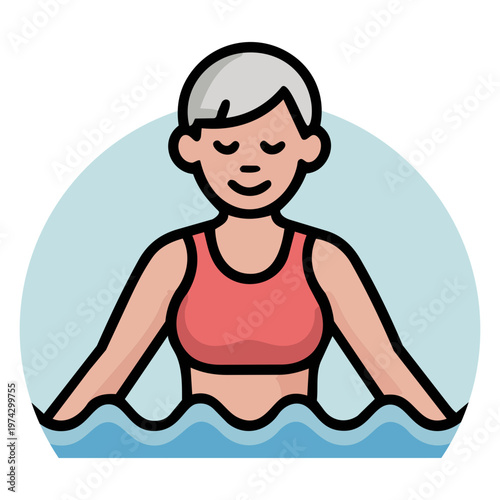 Senior Woman Swimming Icon, Low Impact Cardiovascular Exercise Flat Vector
