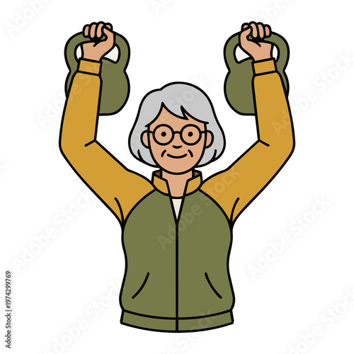 Strong Senior Woman Lifting Kettlebells, Weightlifting for Bone Density Vector Concept