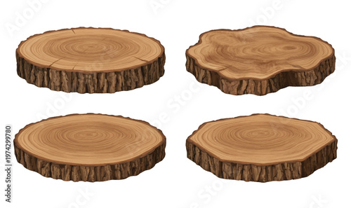 Set of realistic natural wood slices and tree log pedestals isolated on white background