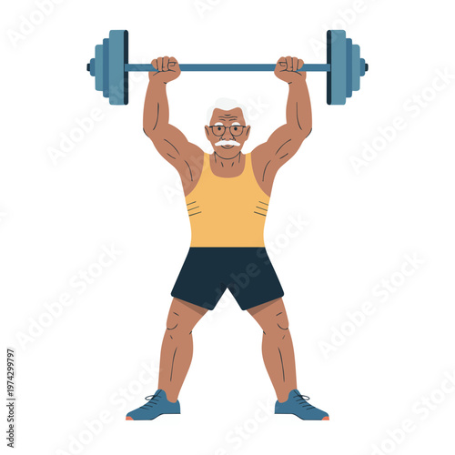 Strong Senior Man Lifting Heavy Barbell, Weightlifting and Muscle Building