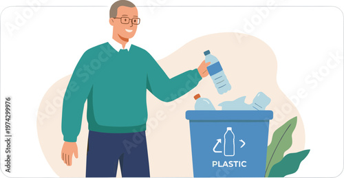 Man throwing plastic bottle into recycling bin outdoors daily